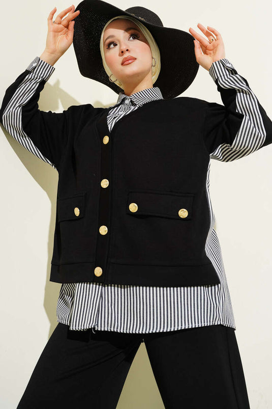 Loose Two-Piece Set with Gold Buttons and Trim Black