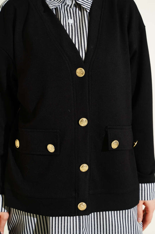 Loose Two-Piece Set with Gold Buttons and Trim Black