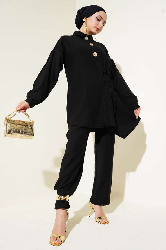 Gold Düğmeli İp Detaylı İkili Takım Siyah