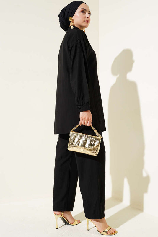 Gold Düğmeli İp Detaylı İkili Takım Siyah