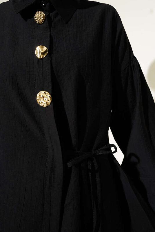 Gold Düğmeli İp Detaylı İkili Takım Siyah