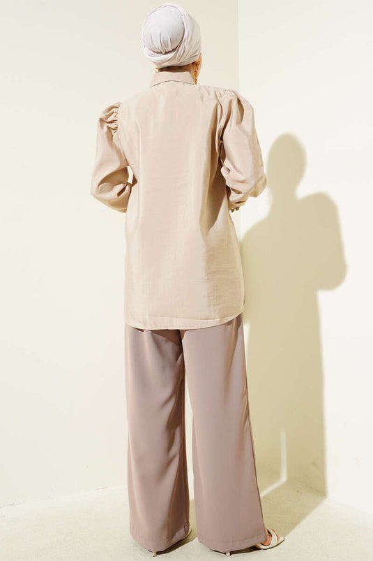 Gold Buttoned Rope Belted Shirt Beige