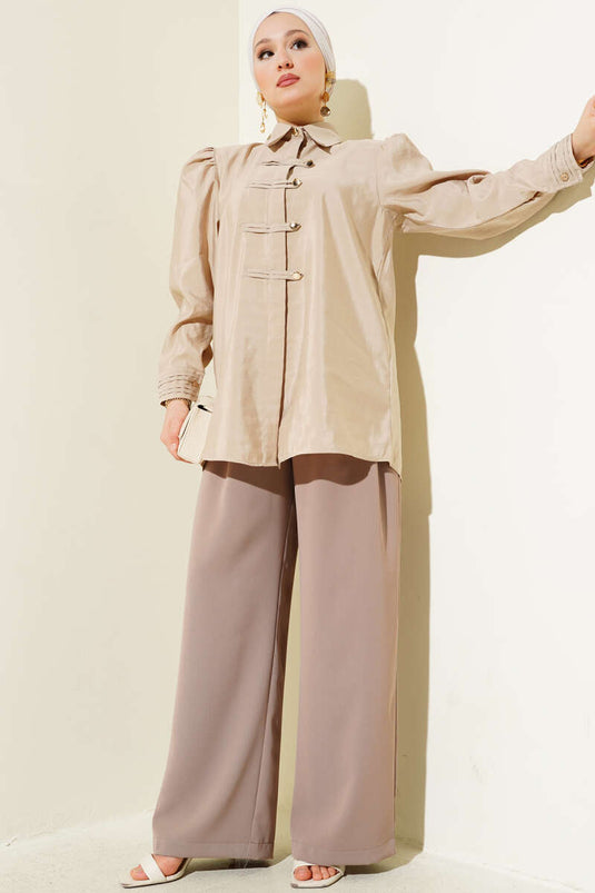 Gold Buttoned Rope Belted Shirt Beige