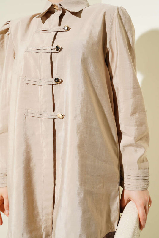 Gold Düğmeli İp Kuşaklı Gömlek Bej