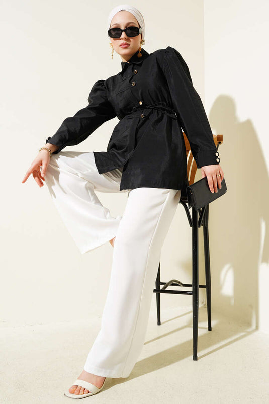 Gold Buttoned Rope Belted Shirt Black