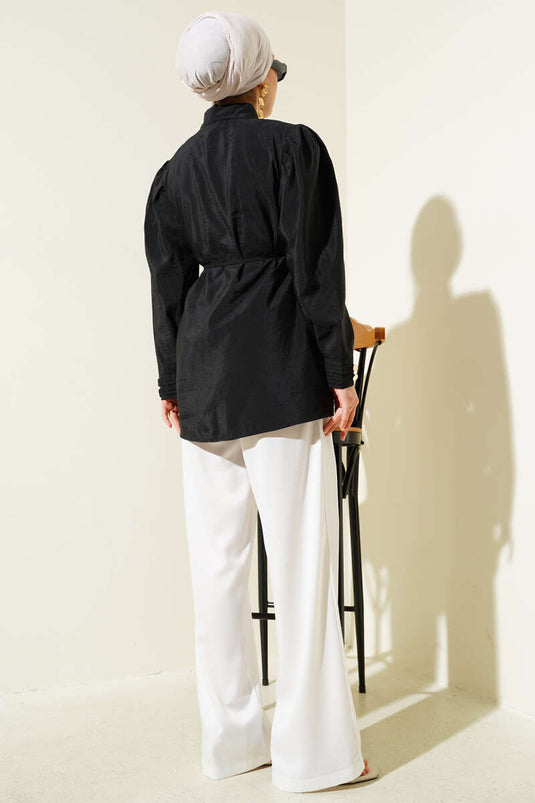 Gold Buttoned Rope Belted Shirt Black