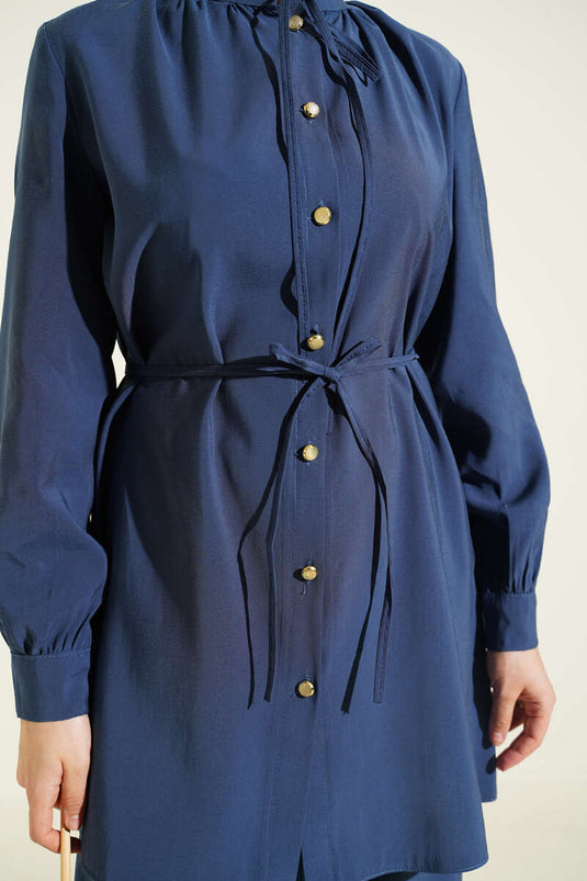 Navy Blue Modal Two-Piece Set with Gold Button and Rope Belt
