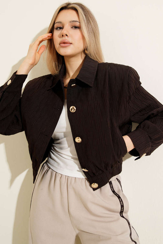 Short Jacket with Gold Buttons and Embossed Design Brown