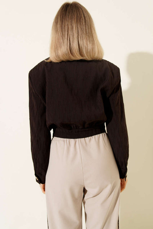 Short Jacket with Gold Buttons and Embossed Design Brown