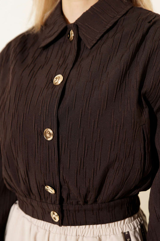 Short Jacket with Gold Buttons and Embossed Design Brown