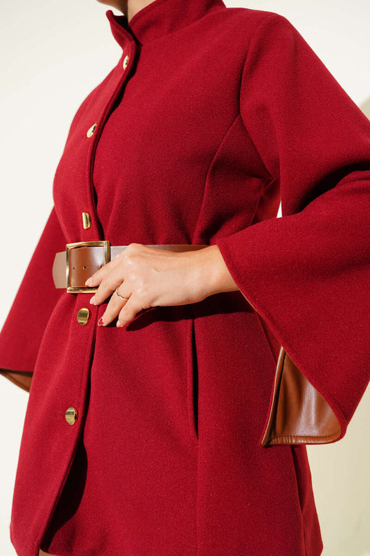 Gold Buttoned Cashmere Poncho Burgundy