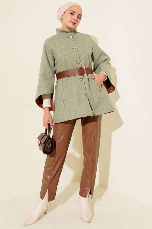 Gold Düğmeli Kaşe Panço Çağla Yeşili