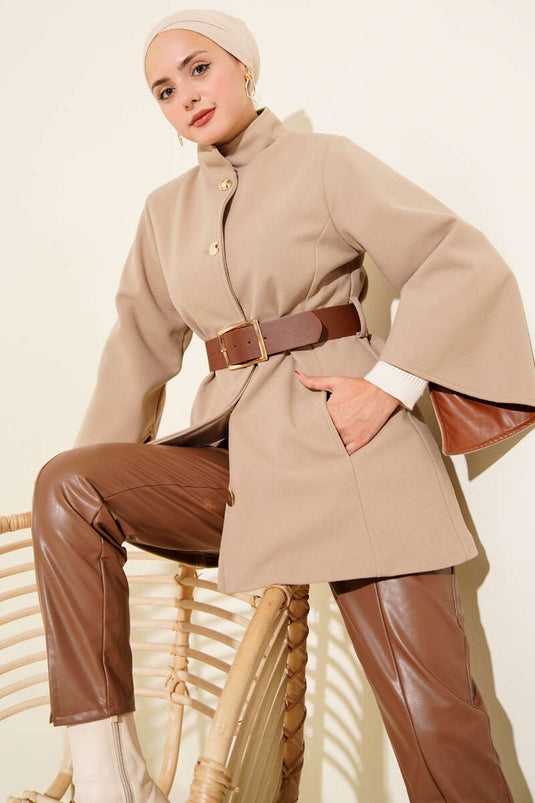 Gold Düğmeli Kaşe Panço Camel