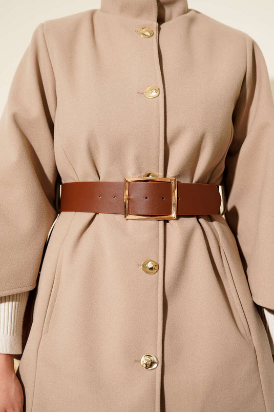 Gold Düğmeli Kaşe Panço Camel