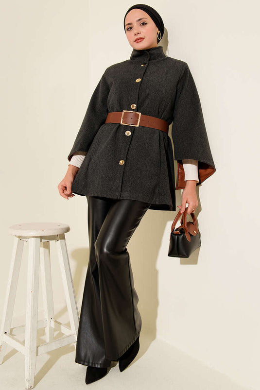 Gold Düğmeli Kaşe Panço Füme