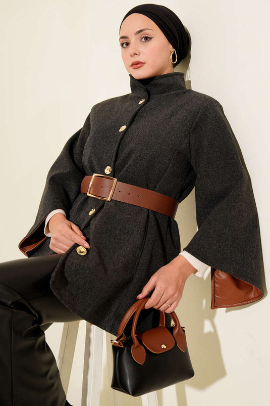 Gold Düğmeli Kaşe Panço Füme