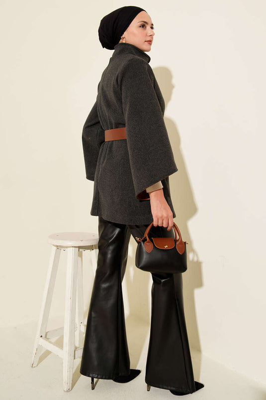 Gold Düğmeli Kaşe Panço Füme