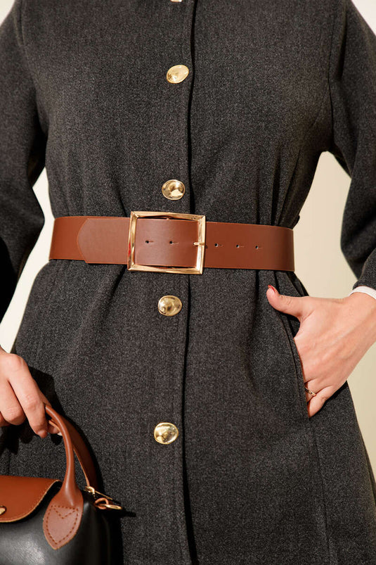 Gold Düğmeli Kaşe Panço Füme