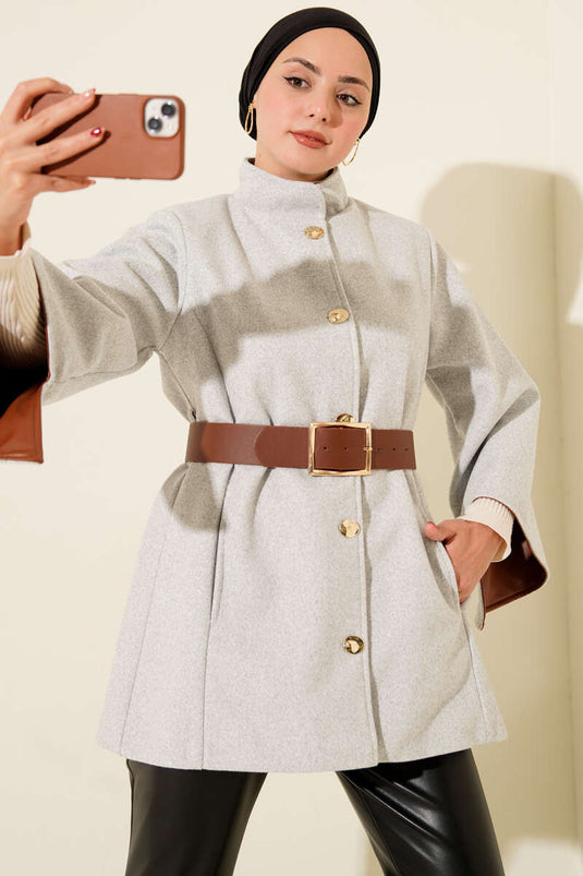 Gold Düğmeli Kaşe Panço Melanj Gri