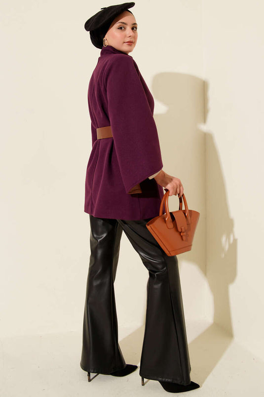 Gold Düğmeli Kaşe Panço Mor