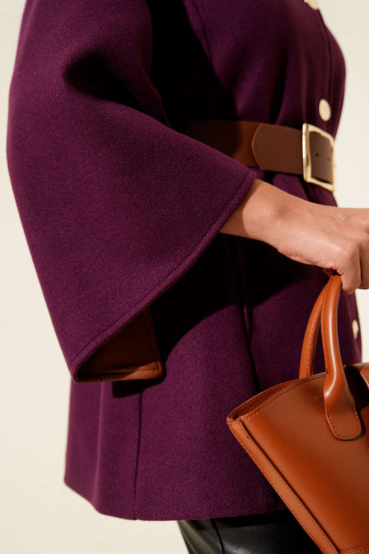 Gold Düğmeli Kaşe Panço Mor