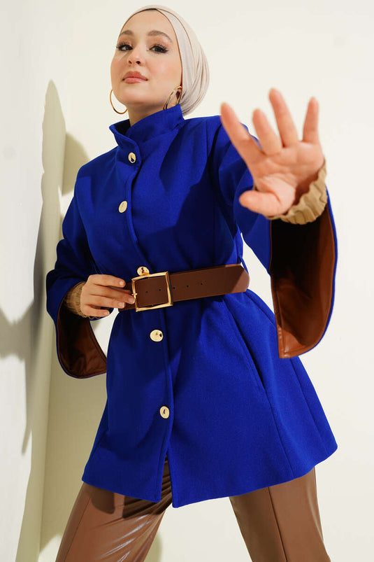 Gold Düğmeli Kaşe Panço Saks