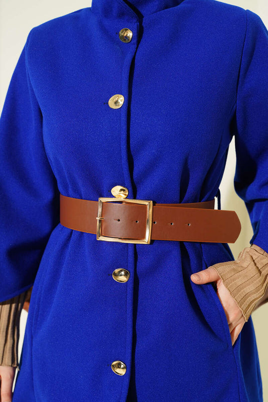 Gold Düğmeli Kaşe Panço Saks