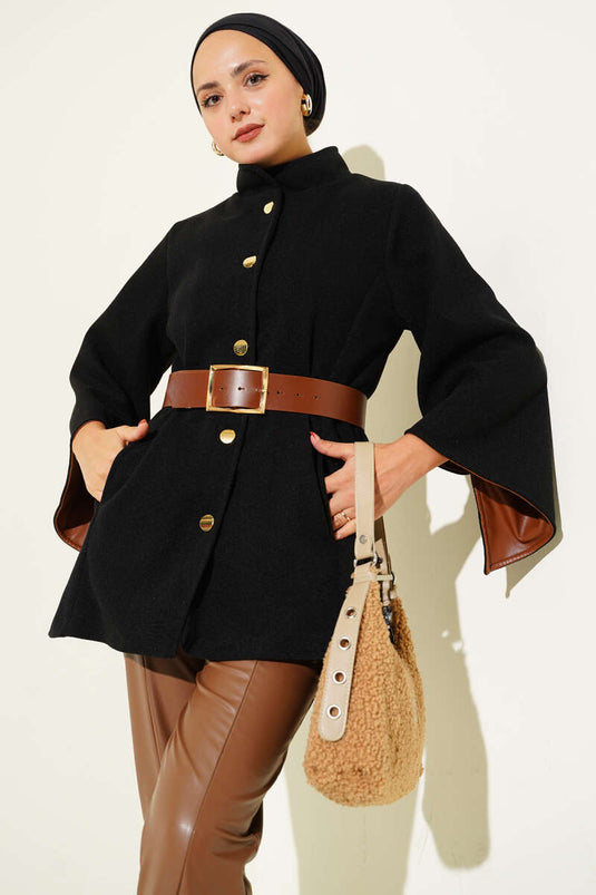 Gold Buttoned Cashmere Poncho Black