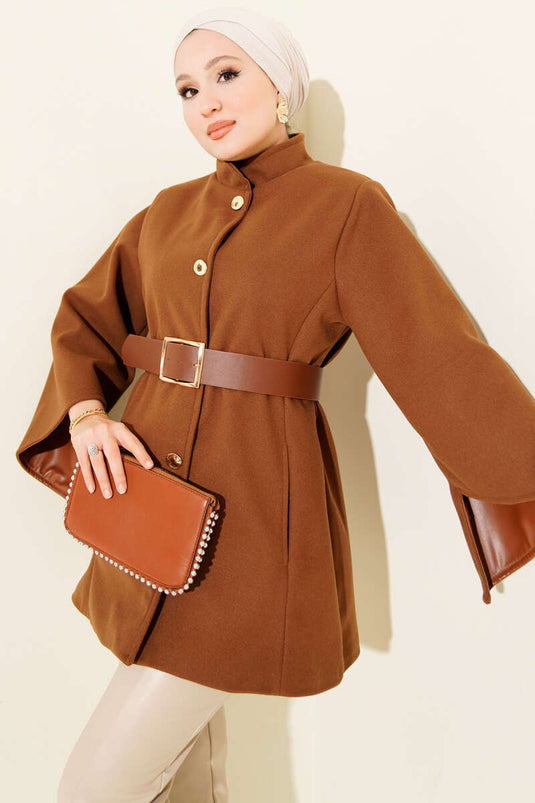 Gold Düğmeli Kaşe Panço Taba