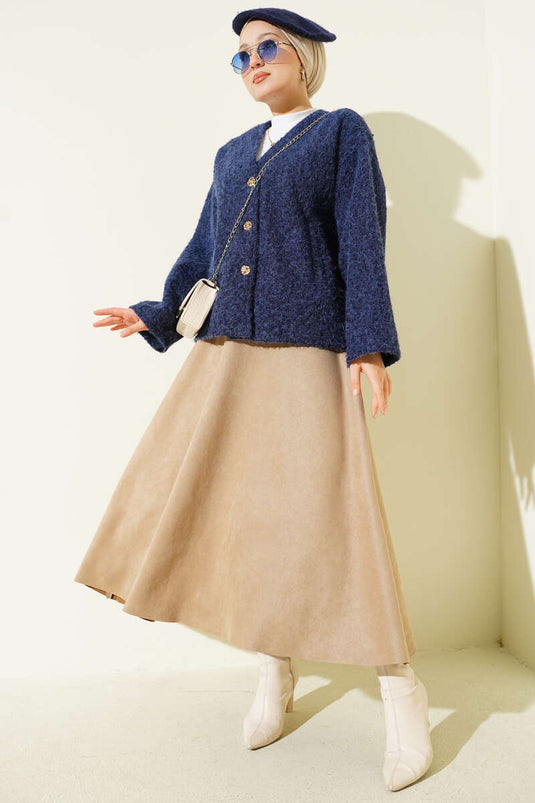 جاكيت قصير من اللباد بأزرار ذهبية، أزرق داكن