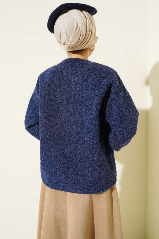 جاكيت قصير من اللباد بأزرار ذهبية، أزرق داكن