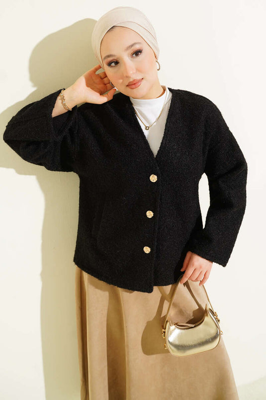 جاكيت قصير من اللباد بأزرار ذهبية سوداء