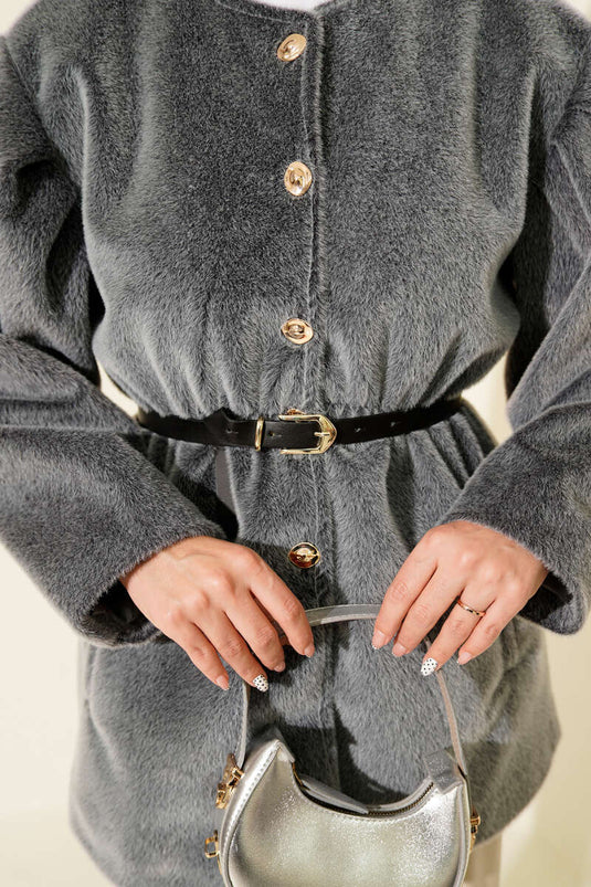 Gold Düğmeli Kemerli Goldfox Ceket Füme