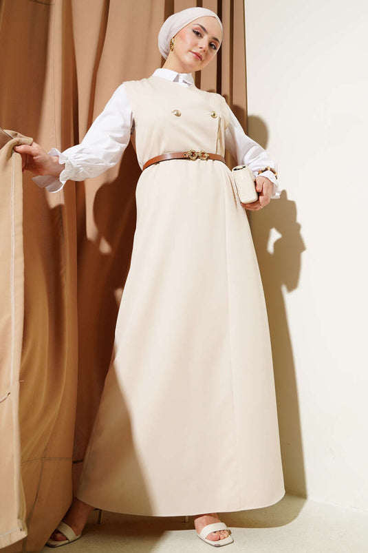 Robe gilet ceinturée à boutons dorés beige