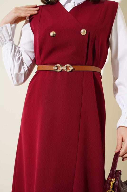 Robe gilet ceinturée à boutons dorés bordeaux