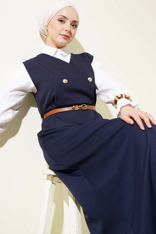 Robe gilet ceinturée à boutons dorés bleu marine