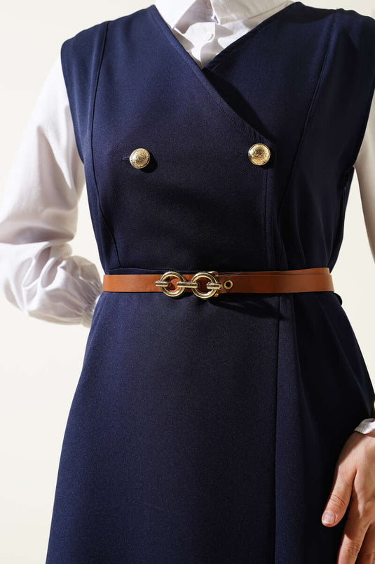 Robe gilet ceinturée à boutons dorés bleu marine