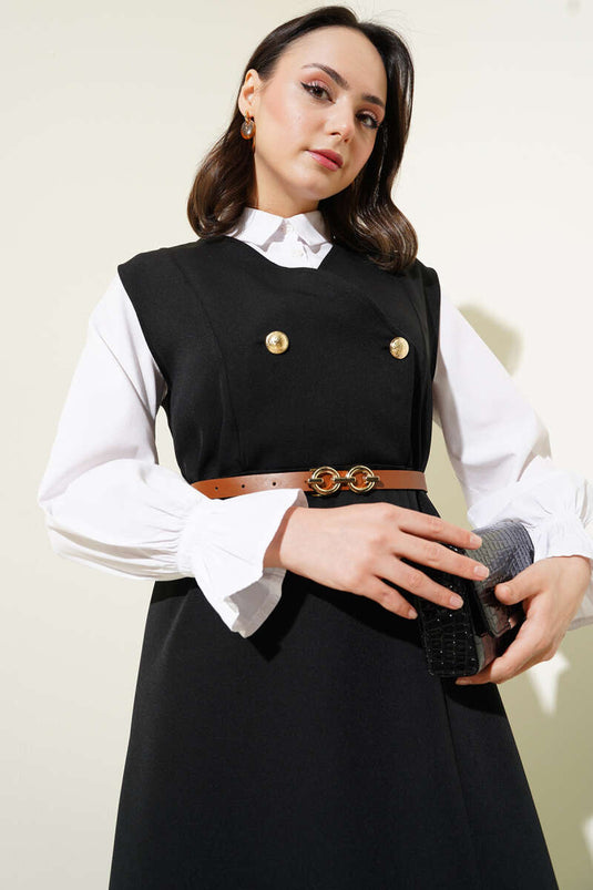 Gold Düğmeli Kemerli Jile Elbise Siyah