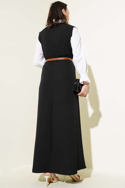 Gold Düğmeli Kemerli Jile Elbise Siyah