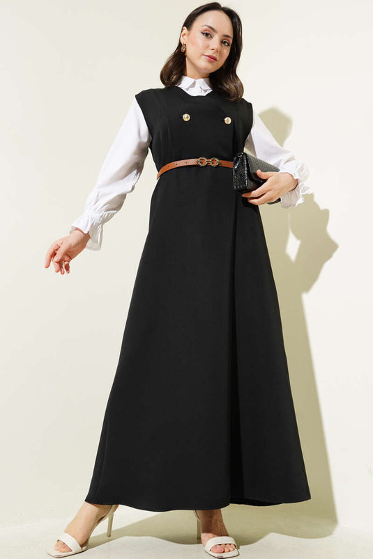 Gold Düğmeli Kemerli Jile Elbise Siyah