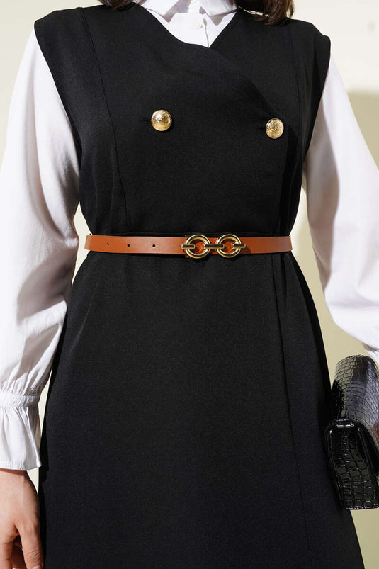 Gold Düğmeli Kemerli Jile Elbise Siyah