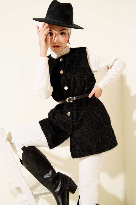 Gold Düğmeli Kemerli Sakallı Yelek Siyah