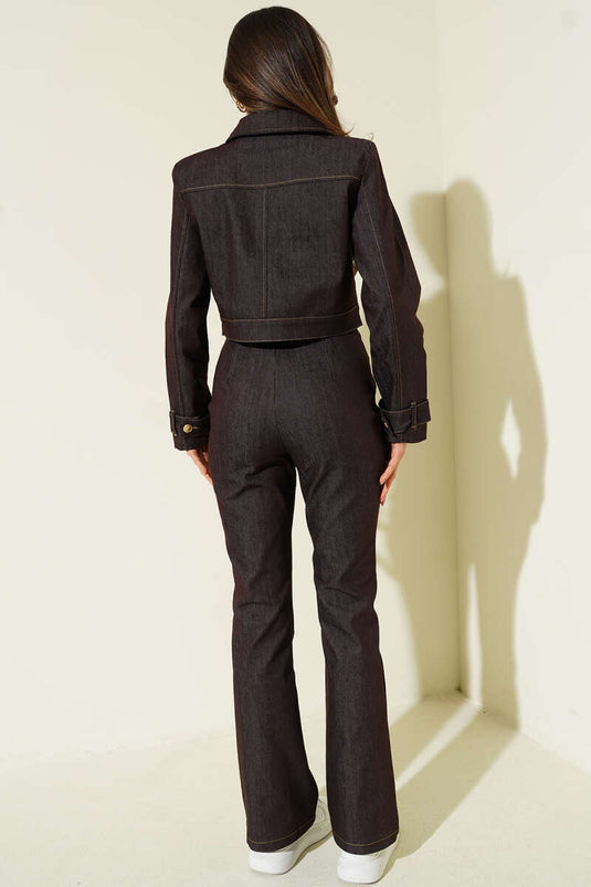 Brown Denim Trouser Set with Gold Buttons