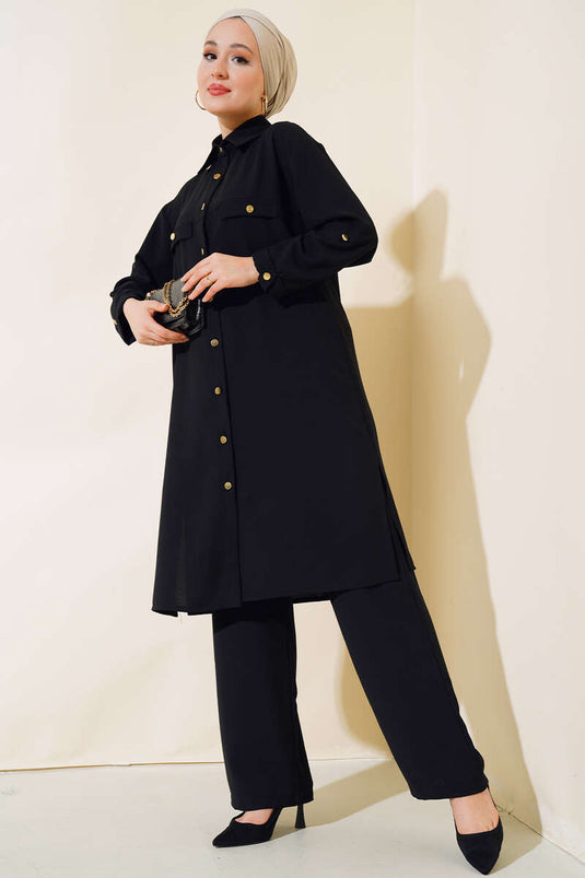 Gold Düğmeli Krep İkili Takım Siyah