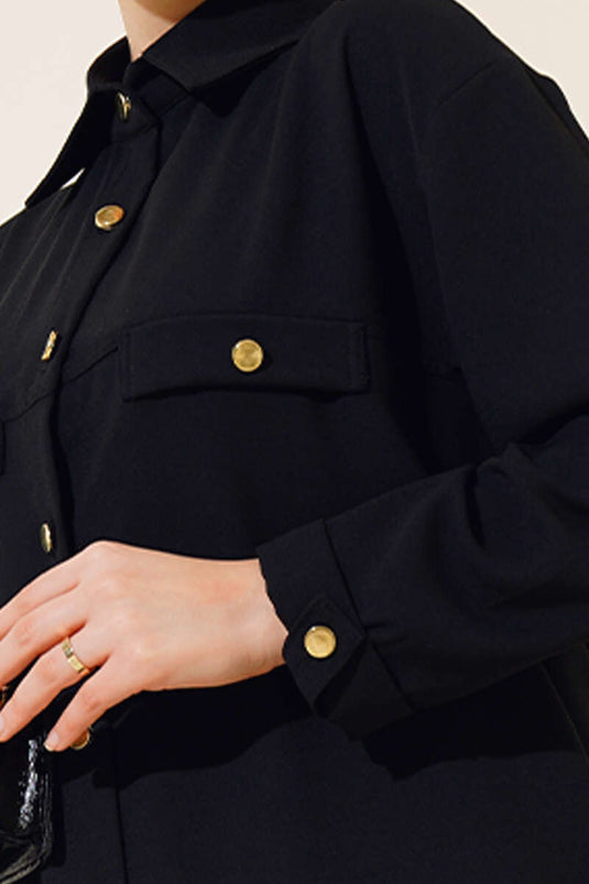 Gold Düğmeli Krep İkili Takım Siyah