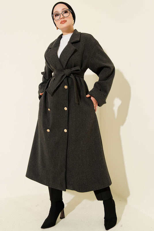 Manteau croisé en cachemire à boutons dorés Anthracite