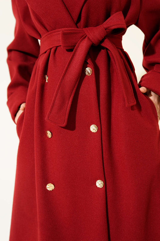 Manteau croisé en cachemire à boutons dorés, bordeaux