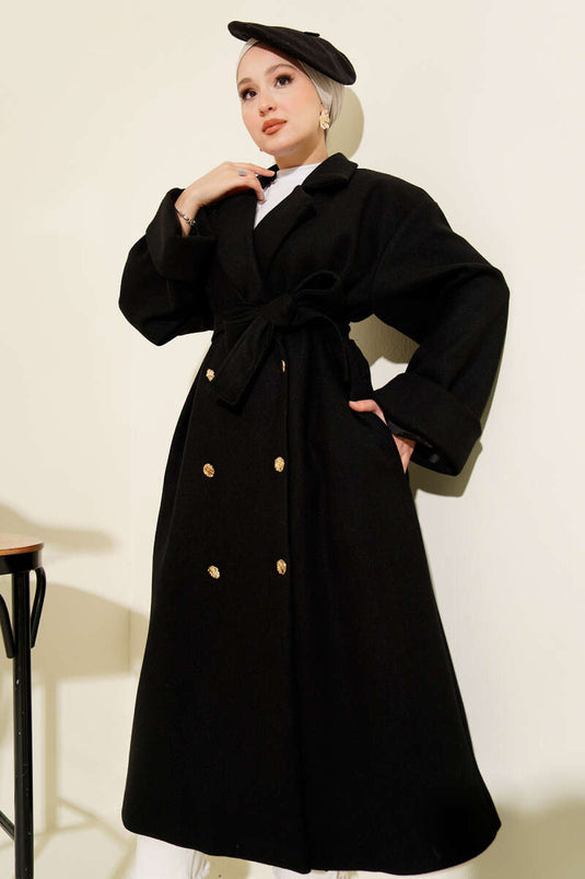 Manteau croisé en cachemire noir à boutons dorés