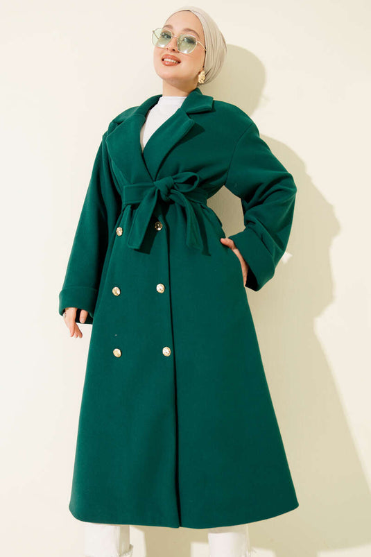 Manteau croisé en cachemire à boutons dorés Émeraude