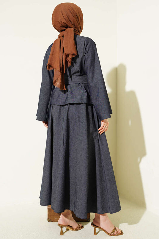 Gold Buttoned Belted Skirt Set Denim